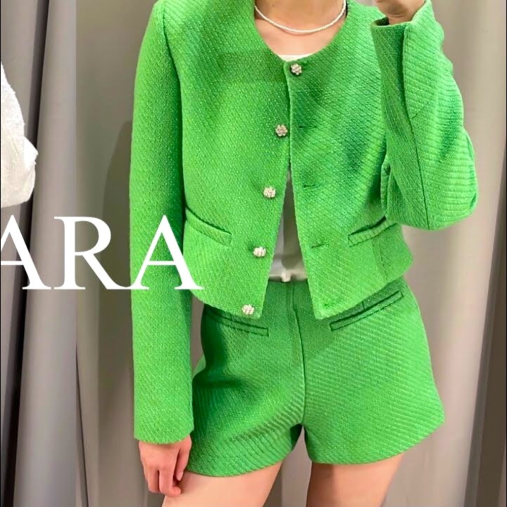 ZARA TWEED WEAVE STRUCTURED HIGH WAIST SHORTS GREEN SIZE S NEW